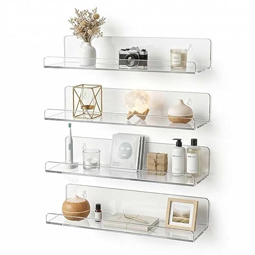 4-Pack Clear Acrylic Floating Shelves, Space-Saving Invisible Wall Shelves for