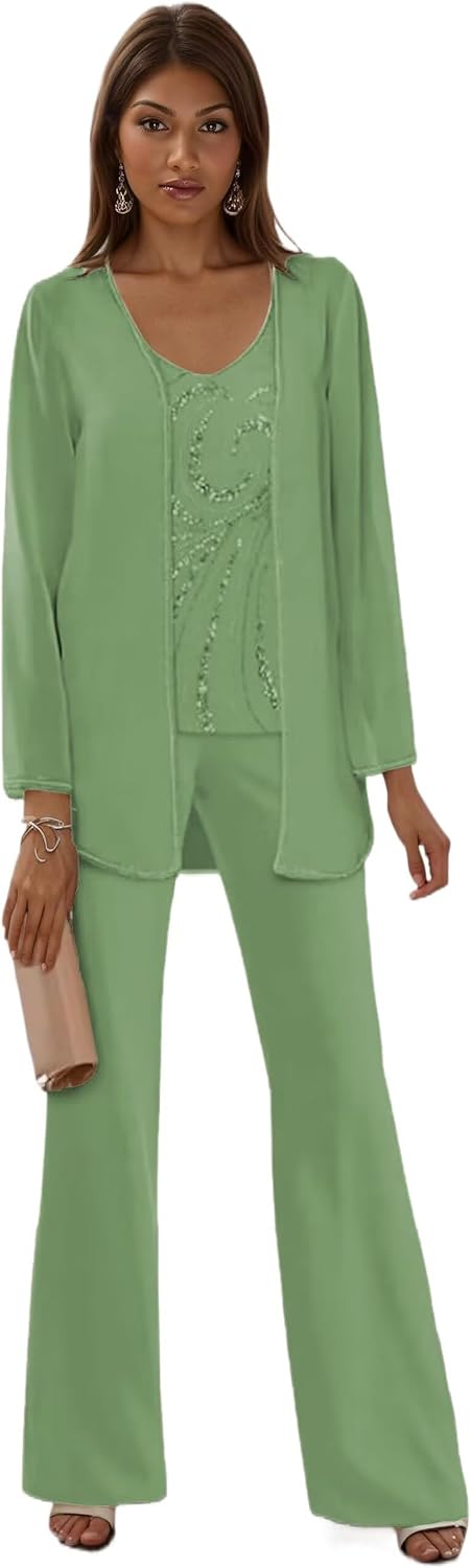 Chiffon 3 Piece Mother of The Bride Pant Suits with Jacket Long Sleeve Sequin Dressy Floral Formal Wedding Guest Outfit
