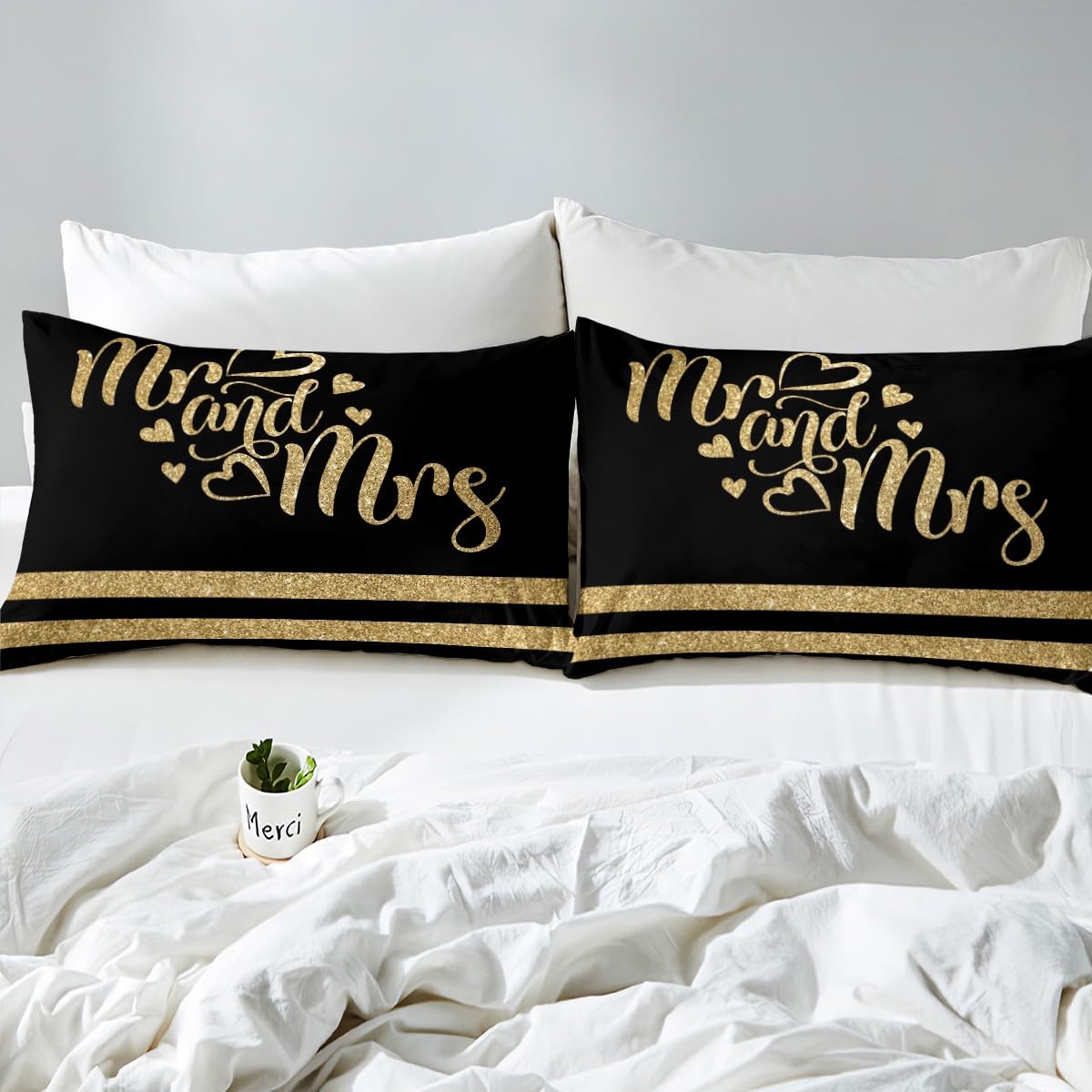 Manfei Mr and Mrs Duvet Cover Set Double Size, Gold Glitter Comforter Cover with 2 Pillowcases - Image 4
