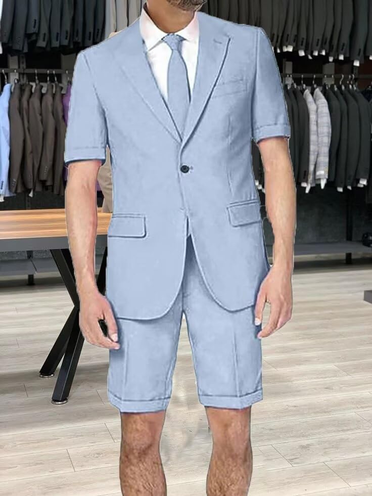 Men's Summer Leisure Linens Suits Vintage 2 Piece Short Suits Casual Short Sleeves Jacket Blazer Shorts Set for Beach Wedding4