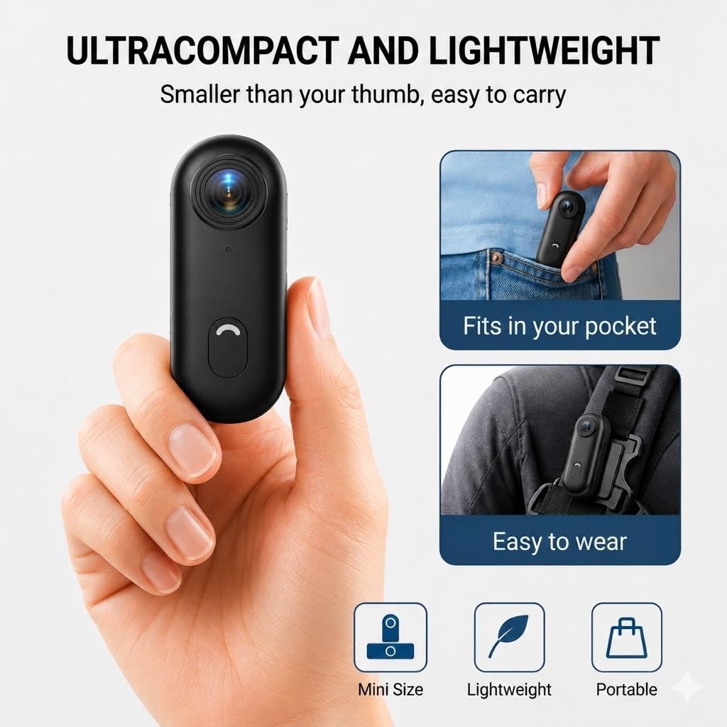 Mini Camera Sport 4K Camera Piéton Portable POV 120° Wide-Angle Caméra Sport avec Clip Arrière 360° Format Audio et Vidéo Enregistrement POV Mains Libres Action Cam pétanche 30m Our Casque Cyclisme
