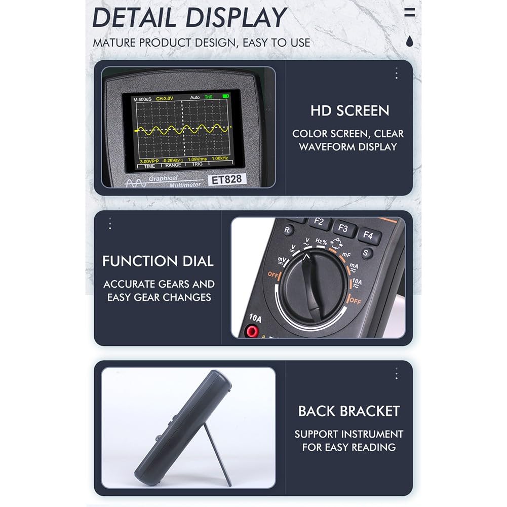 2-in-1 Digitales Oszilloskop & Multimeter ET828, 1MHz Bandbreite, 2.5Msps Abtastrate, Auto-Bereich, 320x240 Display, Datenspeicher für Elektronik
