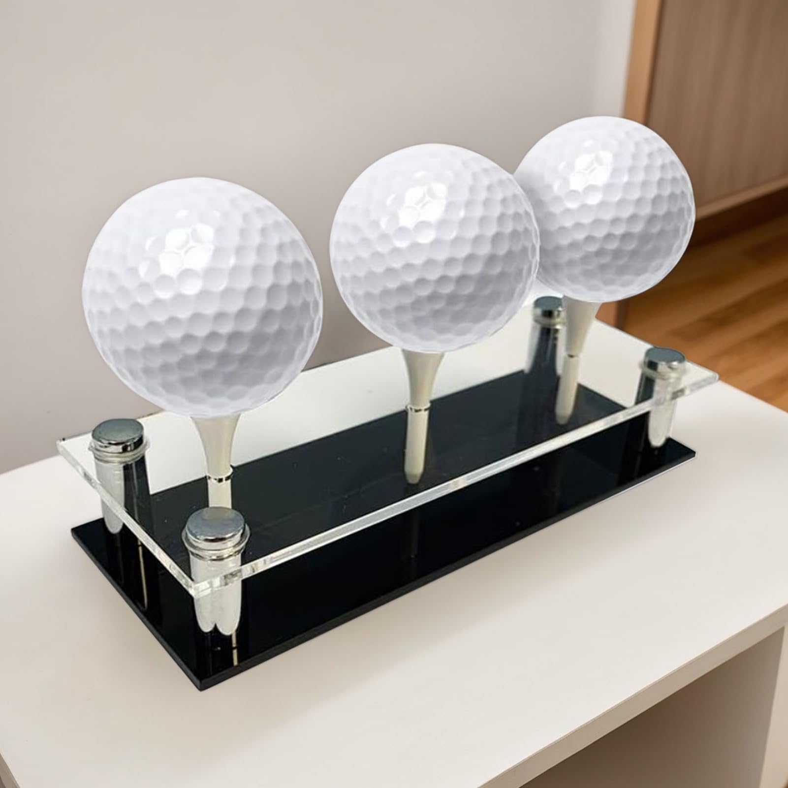 Expositor para bolas de golf, soporte decorativo de golf con base y camiseta, almacenamiento acrílico y metal para oficina o salón