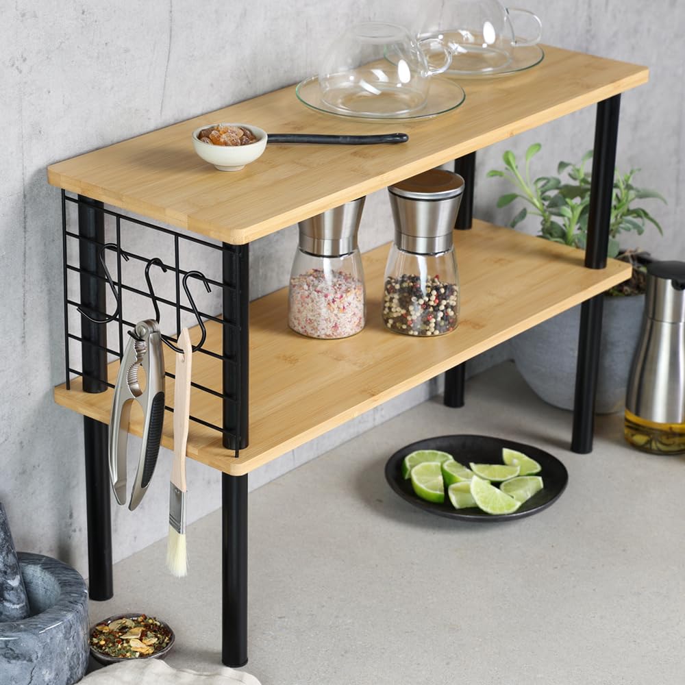 Kesper | Étagère de Cuisine, Matériel: Bambou, Métal, Dimension: 55x20x38cm, 2 étagères, Grille métallique avec 3 Crochets, Couleur: Noir-Naturel | 58809