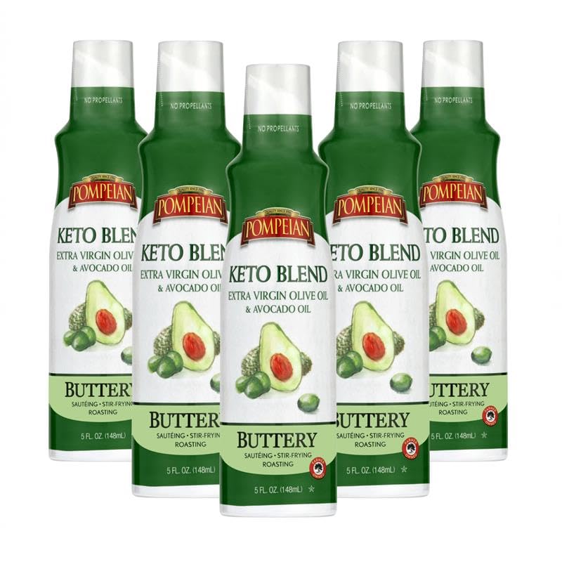 Pompeian Keto Blend Cooking Spray with Extra Virgin Olive Oil and Avocado Oil - (6 Pack) 5 Fl Oz - No Propellants - Mild, Buttery Flavor for Sautéing, Stir-Frying, and Roasting