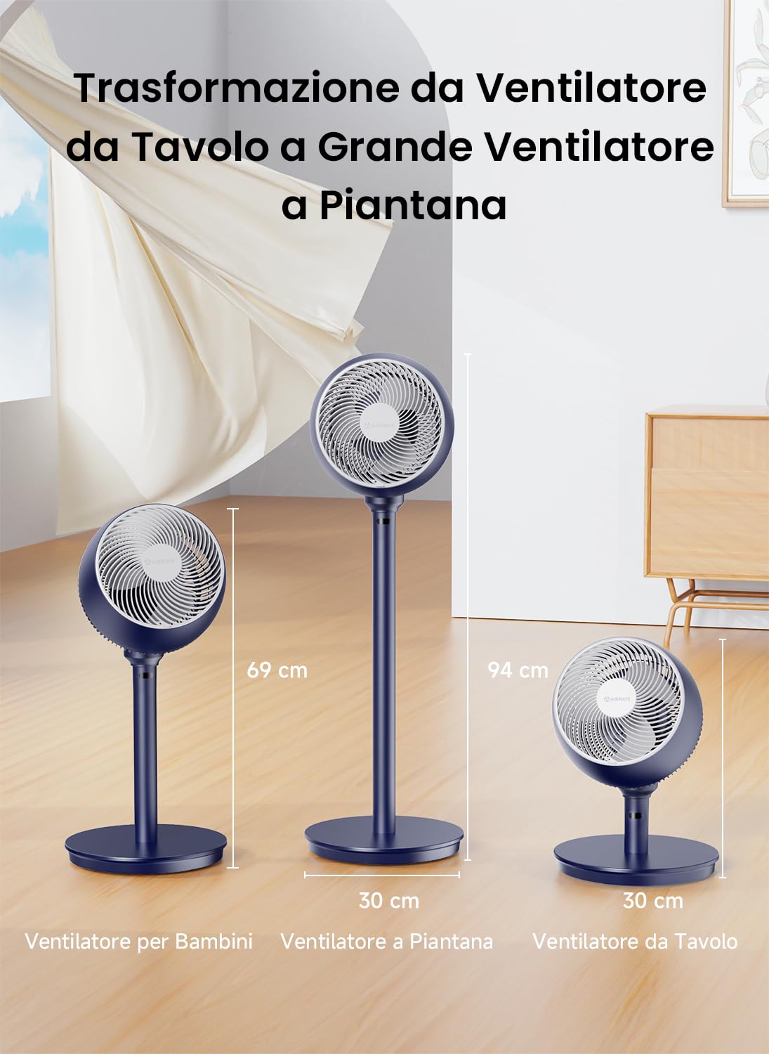 AIRMATE Ventilatore a Piantana 25dB, Ventilatore Silenzioso Notte 12 Velocità, 20W Risparmio Energetico Ventilatores, Ventilatori da Tavolo 3 in 1, Ventilatore Potente con Telecomando, Timer 12