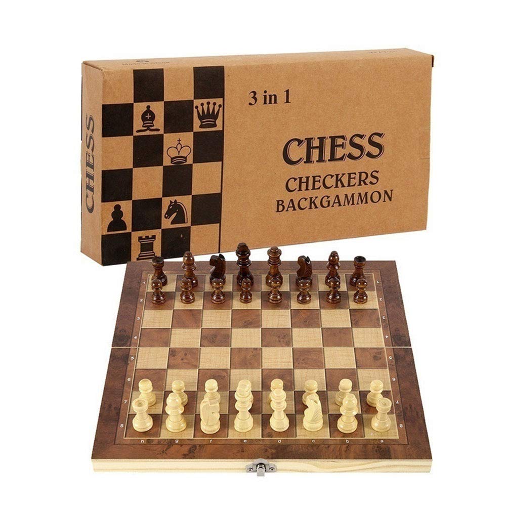Chess Set,Folding Storage Wooden Chess Board Sets,15" Wooden Chess,3 in 1 Chess Board Game for Adults and Kids (Chess,Backgammon,Checkers)