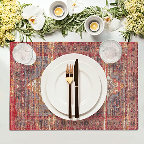 Image of Rust Red Ethnic Boho Placemats Set of 4 Bohemian Carpet Vintage Linen Washable Kitchen Dining Southwestern Table Mats Stain Heat-Resistant Desktop Decor Place Mats for Home Party Indoor 12x18 in
