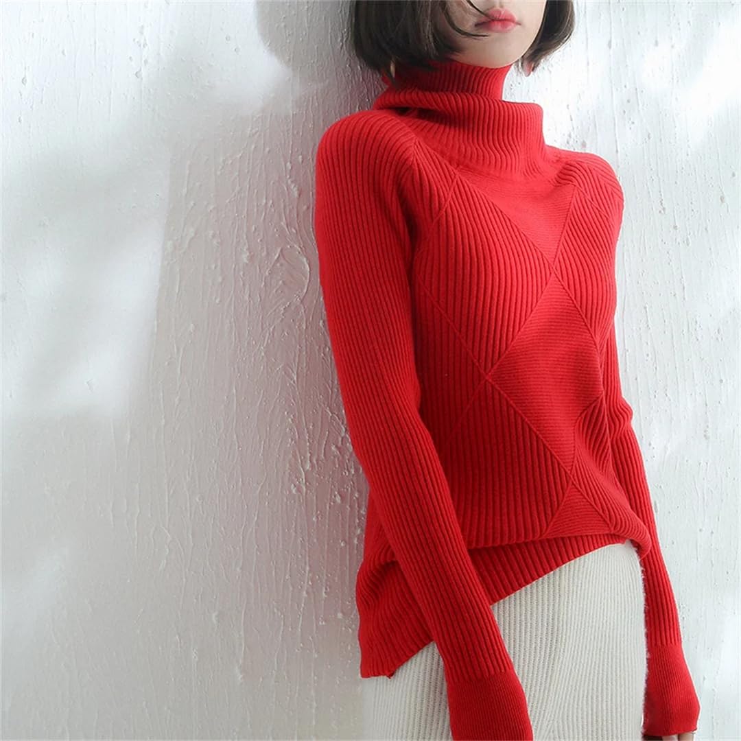 Maglione da donna a collo alto lavorato a maglia, tinta unita, casual, a maniche lunghe