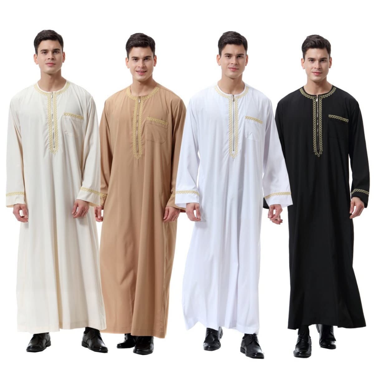 CAMDOM Vestido Thobe Árabe para Hombre,Túnica Kaftan Islámico Largo Casual,Cuello en V Holgado,Ropa Tradicional Musulmana para Eid, Ramadán, Bodas