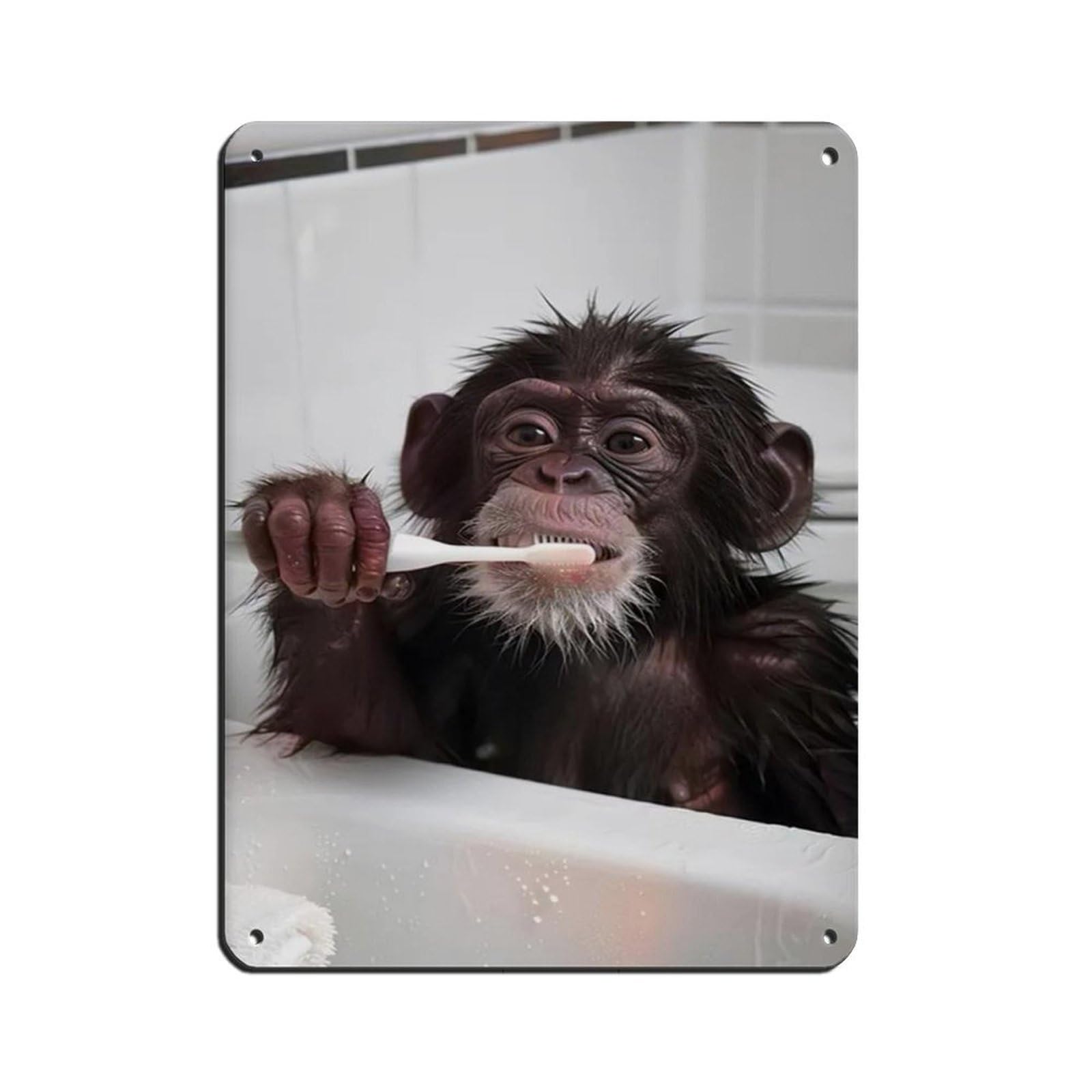 Monkey Brushing Teeth, Hilarious Bathroom Art Tin Sign Vintage Metal Pub Club Cafe Bar Home Wall Art Decoration Poster Retro 12x16inch(30x40cm)