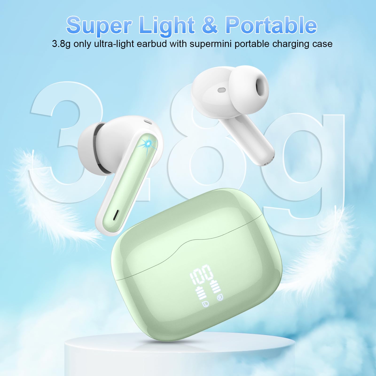 xinwld Auriculares Inalambricos, Auriculares Bluetooth 5.3 In Ear con 4 ENC Mic, Pantalla LED Doble Cascos Inalambricos HiFi Estéreo, In-Ear Earbuds Deportivos IP7 Impermeable, 40H, USB-C, Verde