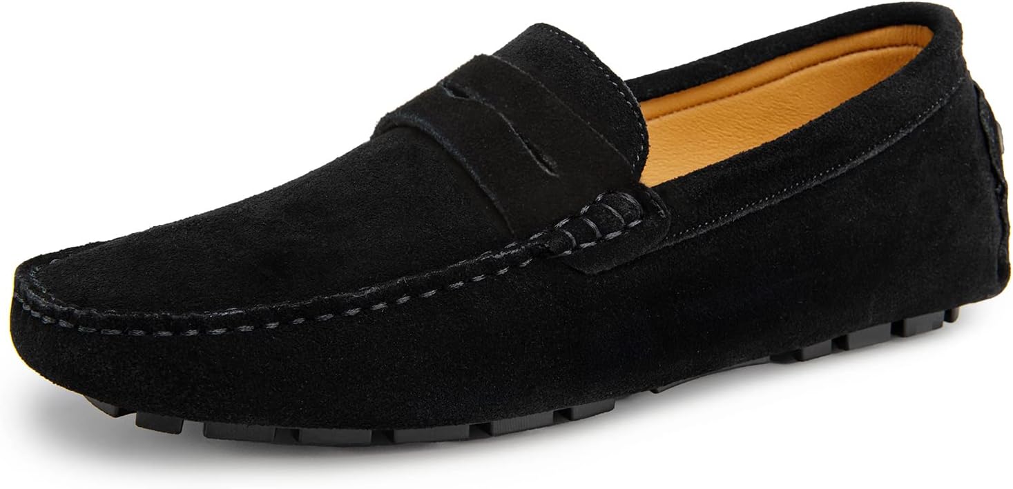 Go TourMens Handmade Suede Leather Penny Loafers Moccasin Slip On Boat Shoes Black 9.5 M US/43