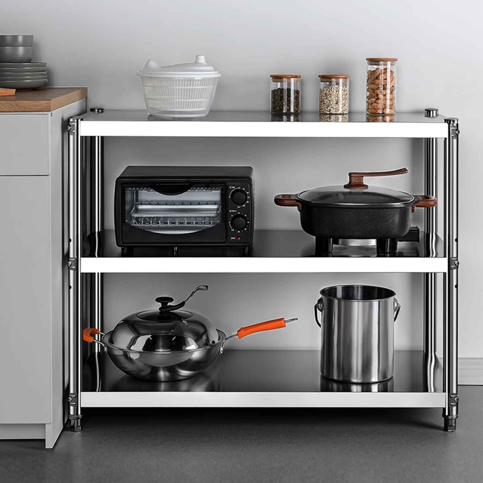 Scaffale regolabile in altezza a 3 ripiani in acciaio inox 304, resistente, multiuso, per cucina, microonde ed elettrodomestici (90 x 45 x 80 cm)