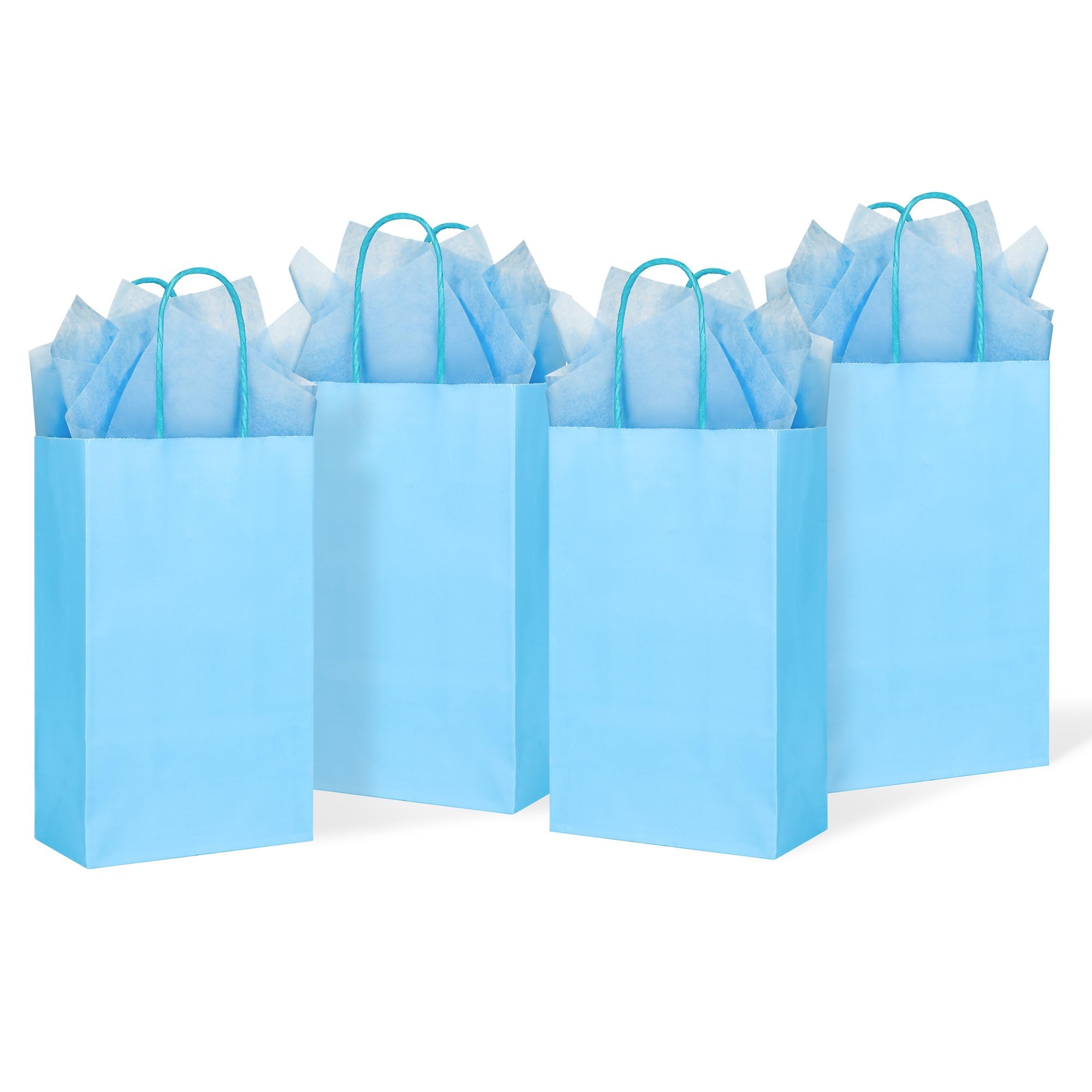 DjinnGlory 24 Pack Small Blue Paper Gift Bags with Handles 9x5.5x3.15 Inch and 24 Tissue Wrapping Paper for Business Birthday Wedding Bridal Baby