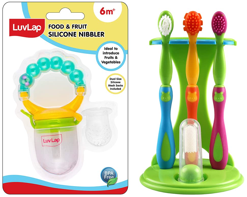 LuvLap 4 Stage Baby Oral Care Set & Kids' Primary Teeth & Gums, Infant Gum Massager, 2 Toddler Brushes, One Training Manual Toothbrush, & Pearly Food & Fruit Nibbler, 4 pieces