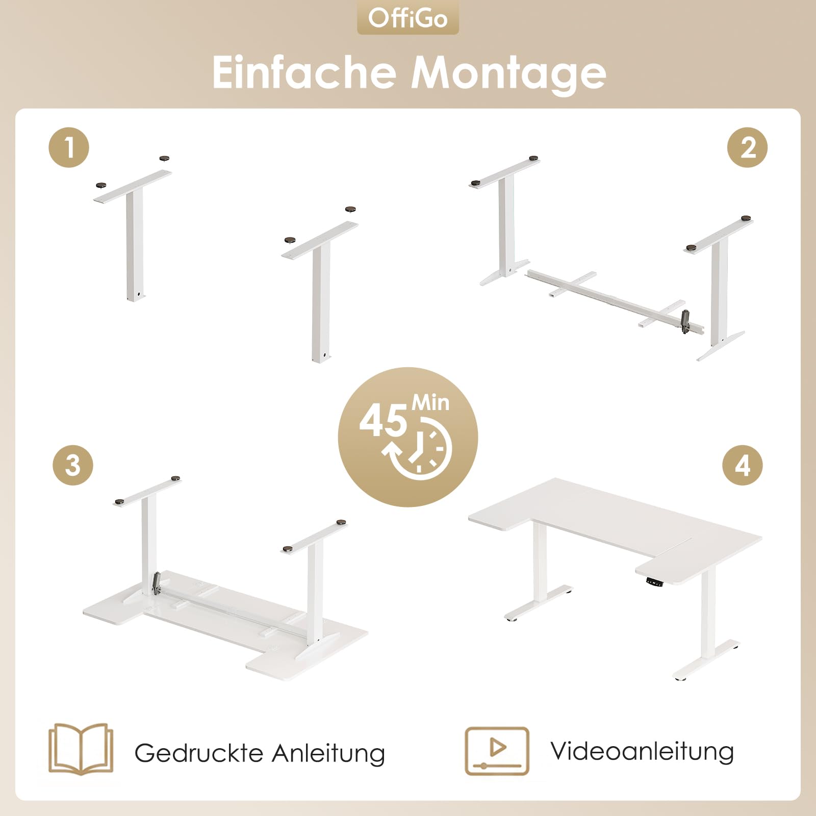 OffiGo U-förmiges Höhenverstellbarer Schreibtisch, 140 x70 cm, Elektrischer Steh-Sitz Tisch, Standing Desk, Home Office Computertisch, Memory Funktion, Leiser Motor, Weiß