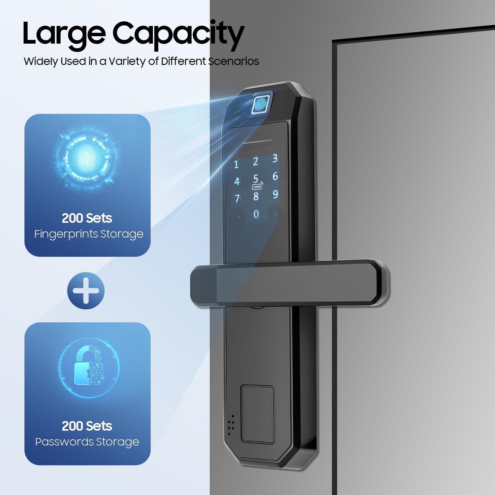 Serrure de porte biométrique à empreintes digitales, serrure de porte électronique, serrure connectée, serruree intelligente avec empreinte digitale et code clavier numérique, noir