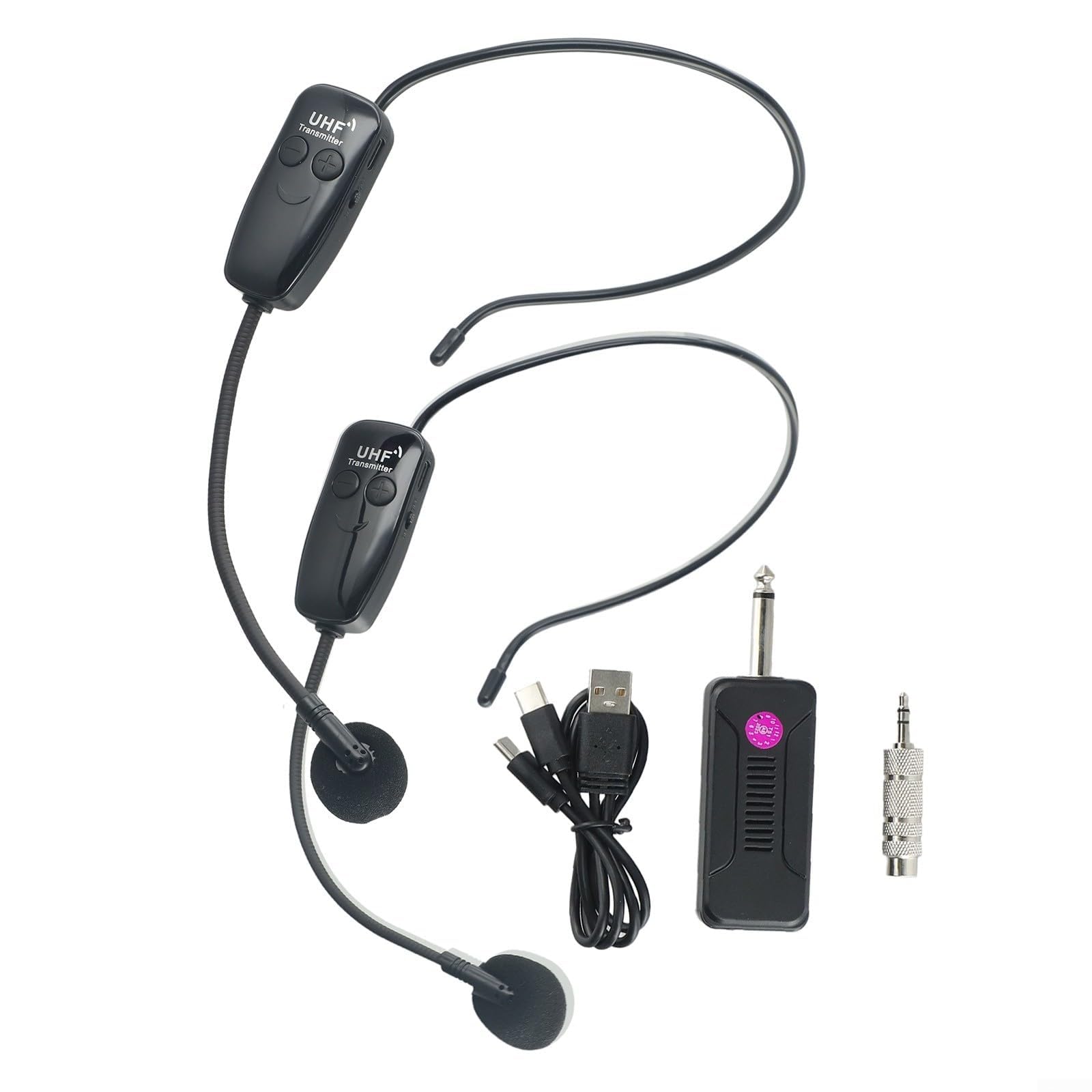 Sistema microfonico wireless UHF, doppio microfono auricolare ricaricabile, portata 50 m, per insegnare lo yoga (U12F)