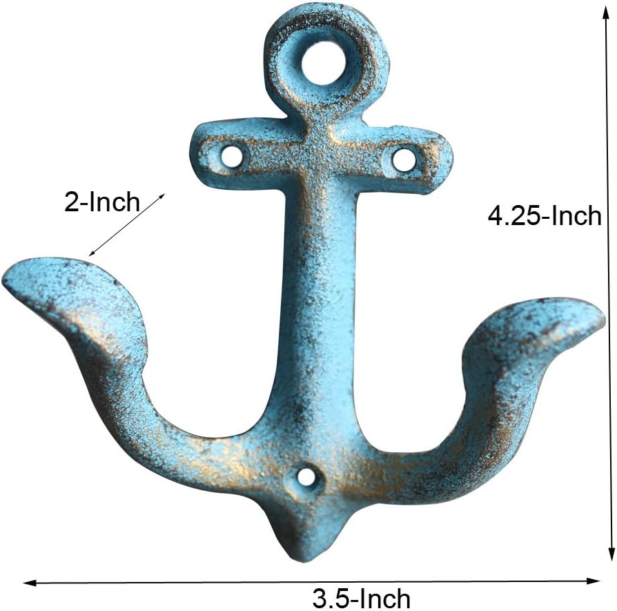 KiaoTime Blue Vintage Rustic Cast Iron Nautical Anchor Design Wall Hooks Coat Hooks Rack - Image 3