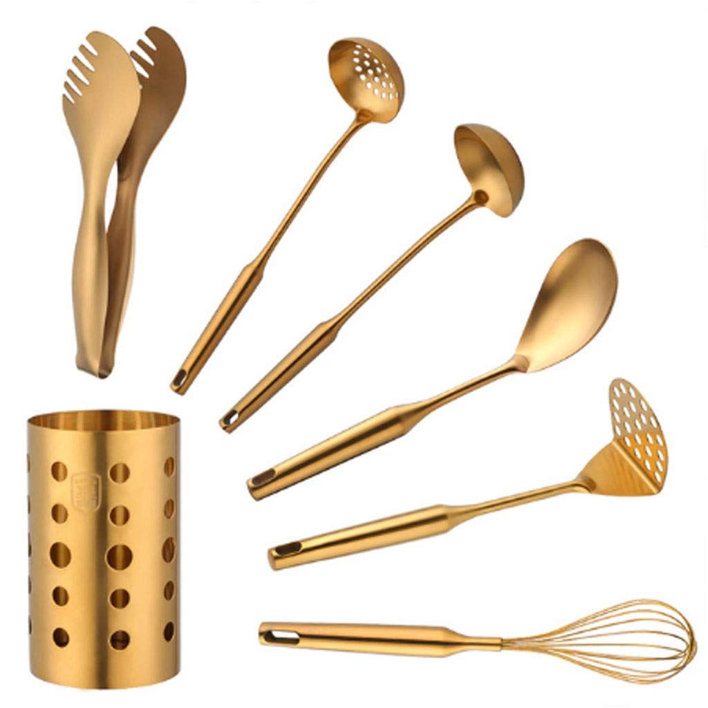 NGDFGR 7Pc Stainless Steel Kitchen Utensils Chopsticks Tube Soup Ladle Colander Set Gold Cooking Tool Set Egg Stirrer Kitchenware Set,Silver-Style 1