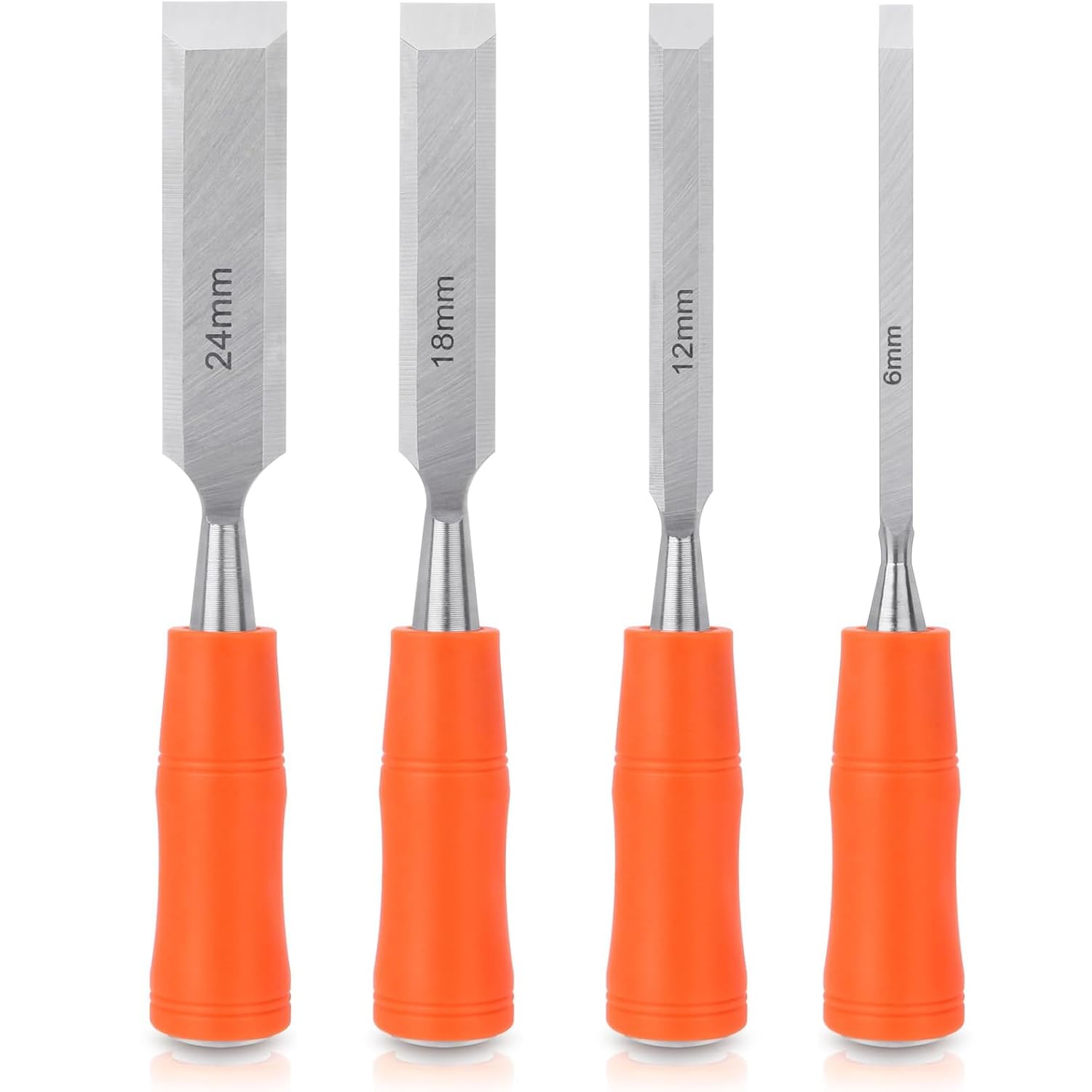 4-Piece Wood Chisel Set with Bevel Edge, 6mm 12mm 18mm 24mm Sizes, Ergonomic Handle for Wood Carving, Sculpting, Carpentry, Joinery & Fine Woodworking DIY Projects