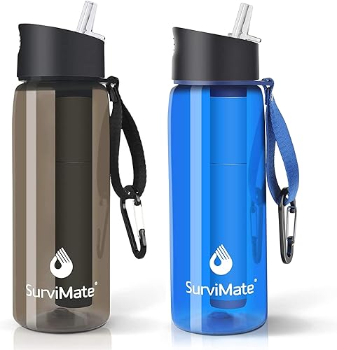 SurviMate Botella de agua purificada para camping, senderismo, mochilero y viajes, sin BPA con popote de filtro integrado de 4 etapas
