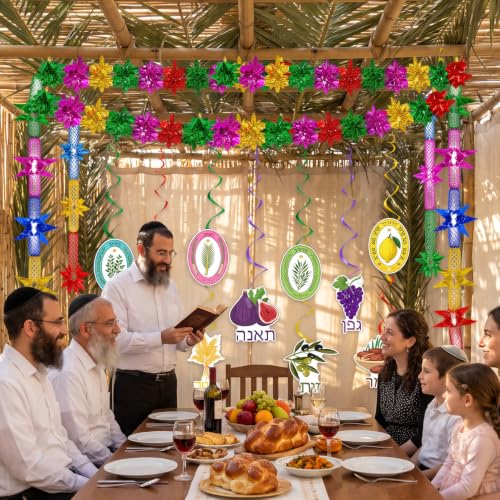 Image of Gameza Happy Sukkah Party Decorations - 23PCS Glitter Happy Sukkot Garland Hanging Swirls Fruit Strings Ornaments Party Decor, Chag Sameach Harvest Jewish Holiday Festival Supplies