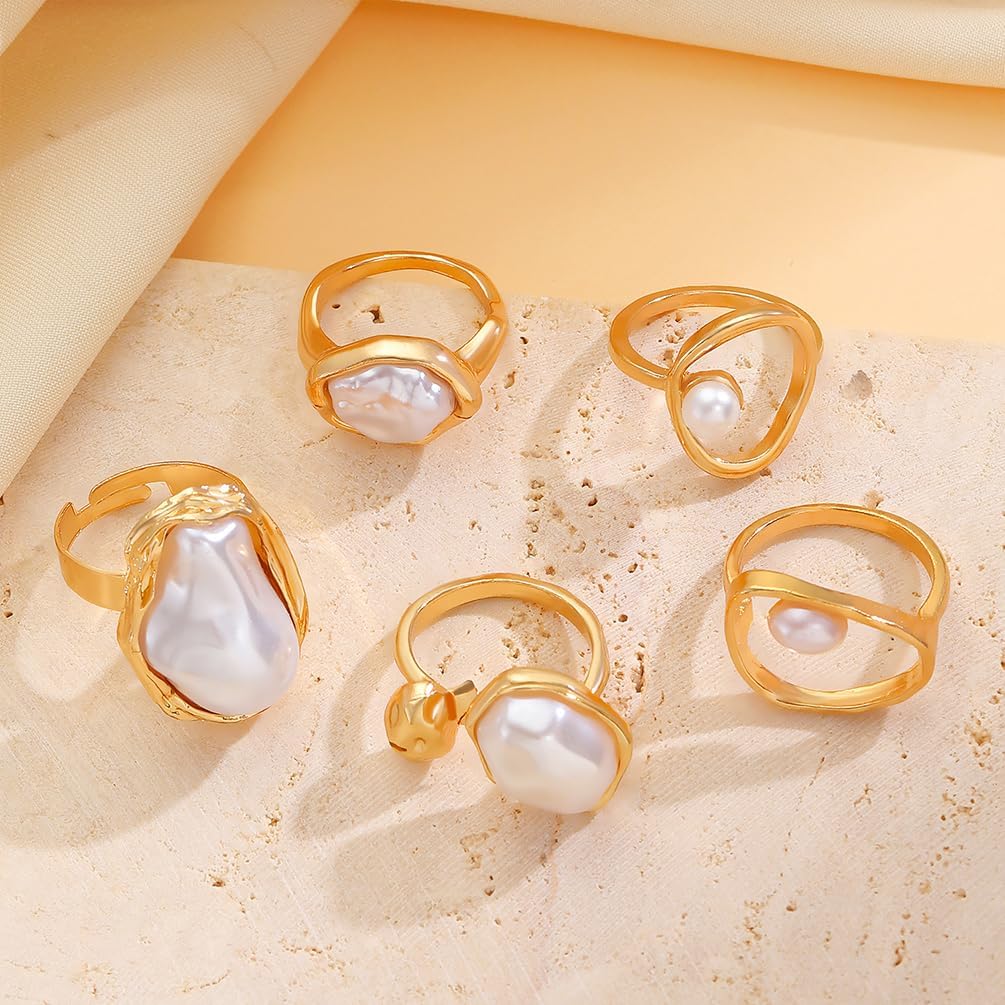 Stackable Chunky Gold Baroque Pearl Open Ring, Trendy Punk Irregular Silver Pearls Knuckle Rings for Women Stacking Dainty Party Finger Jewelry Gift Set - Image 7