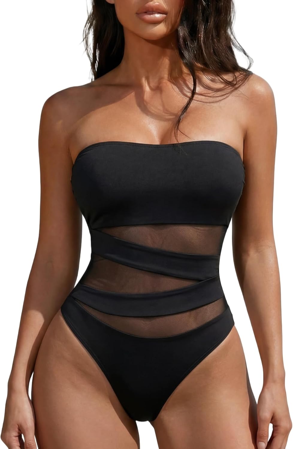 Holipick Women Strapless Bandeau One Piece Swimsuits Sexy Mesh Cutout Bathing Suits Tummy Control Swimwear