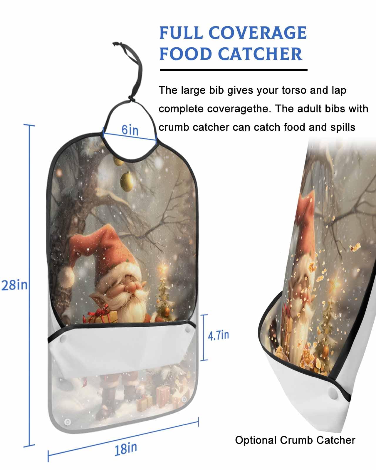 Christmas Adult Bib for Adults Men, Women, Forest Gnomes Vintage Snow Vintage Cottage Washable & Adjustable Terry Cloth Bib with Crumb Catcher Reusable Waterproof Clothing Clothes Protector Apron