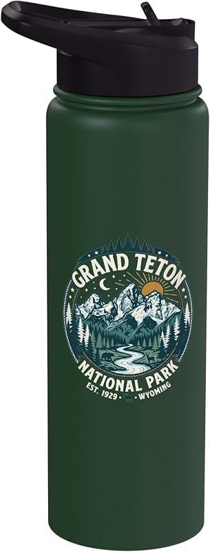 Grand Teton National Park Wyoming Vintage Mountain Emblem Stainless Steel Insulated Water Bottle