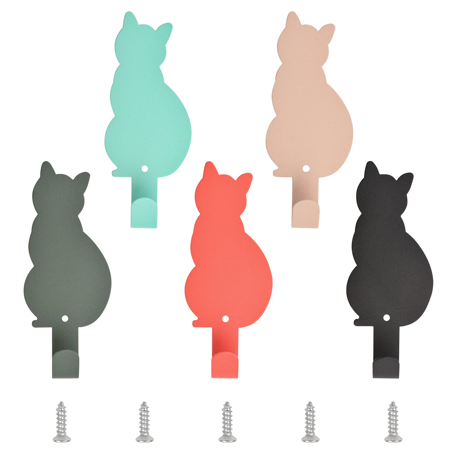 Lot De 5 Crochets Adhésifs En Forme De Chat – Fer Givré, Multi-couleurs, Fixation Murale Sans Perçage (ou Vis Incluses)