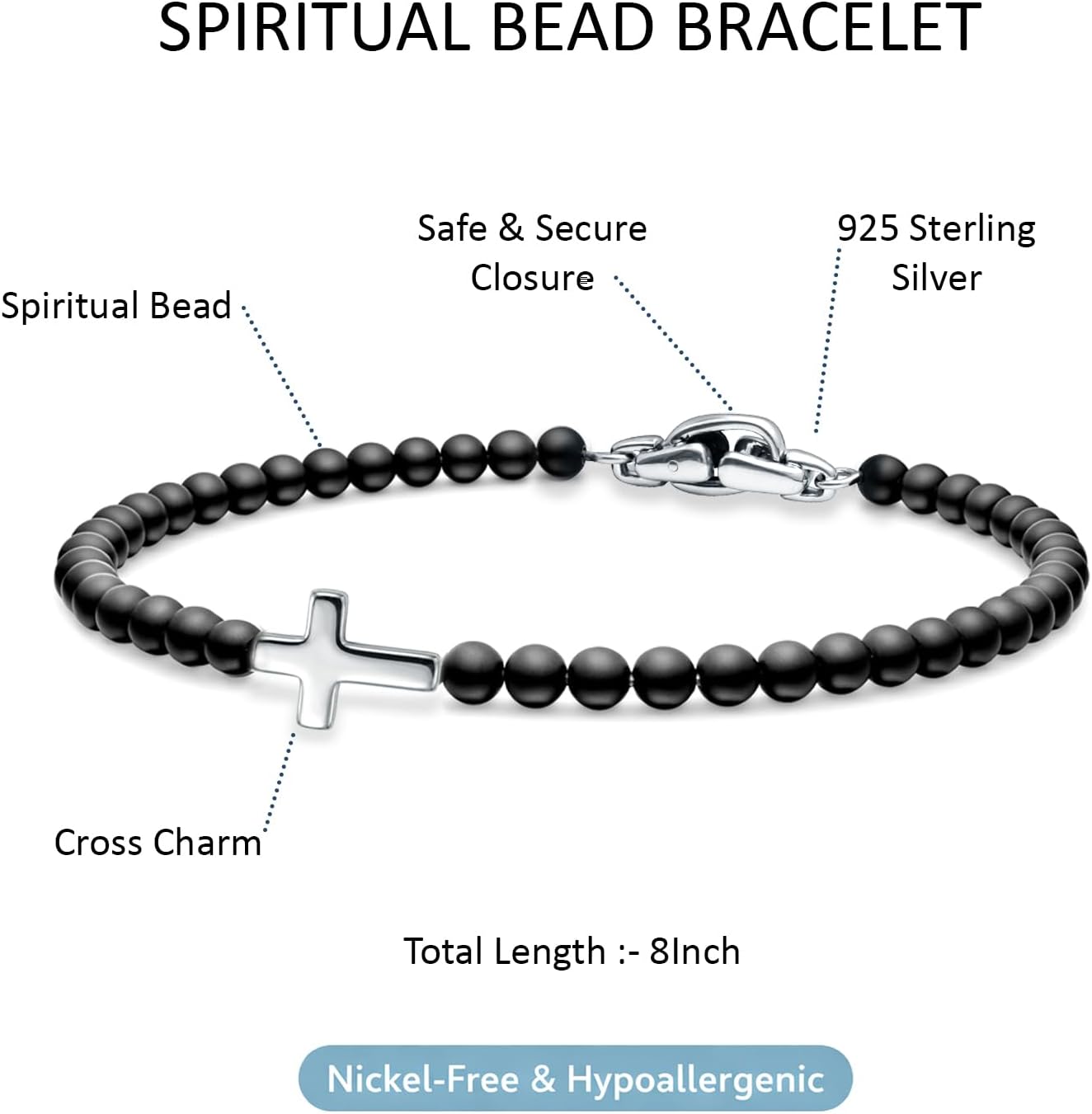 LeCalla 925 Sterling Silver Black Onyx Beaded Bracelets for Men | Cross & Compass Charm Bracelet | Matte Finish Onyx Stone Spiritual Bracelet Gift for Men