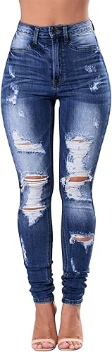 Miniatura 6 de KUNMI Jeans clásicos de cintura alta para mujer ajustados elásticos con levantamiento de glúteos pantalones de mezclilla ajustados