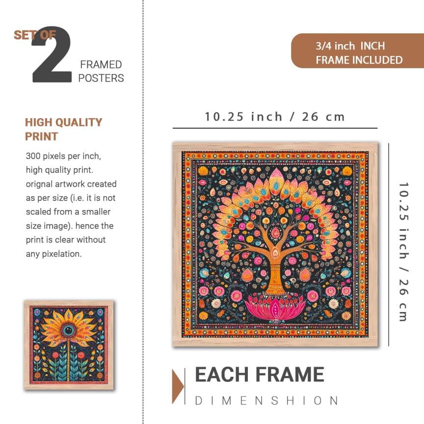 Image of NoWorries Traditional Indian Folk Art Wall Painting Frame Set of 4 | Decorative Wooden Wall Art Frames | Ethnic Home Decor Artwork for Living Room Bedroom Office Hallway