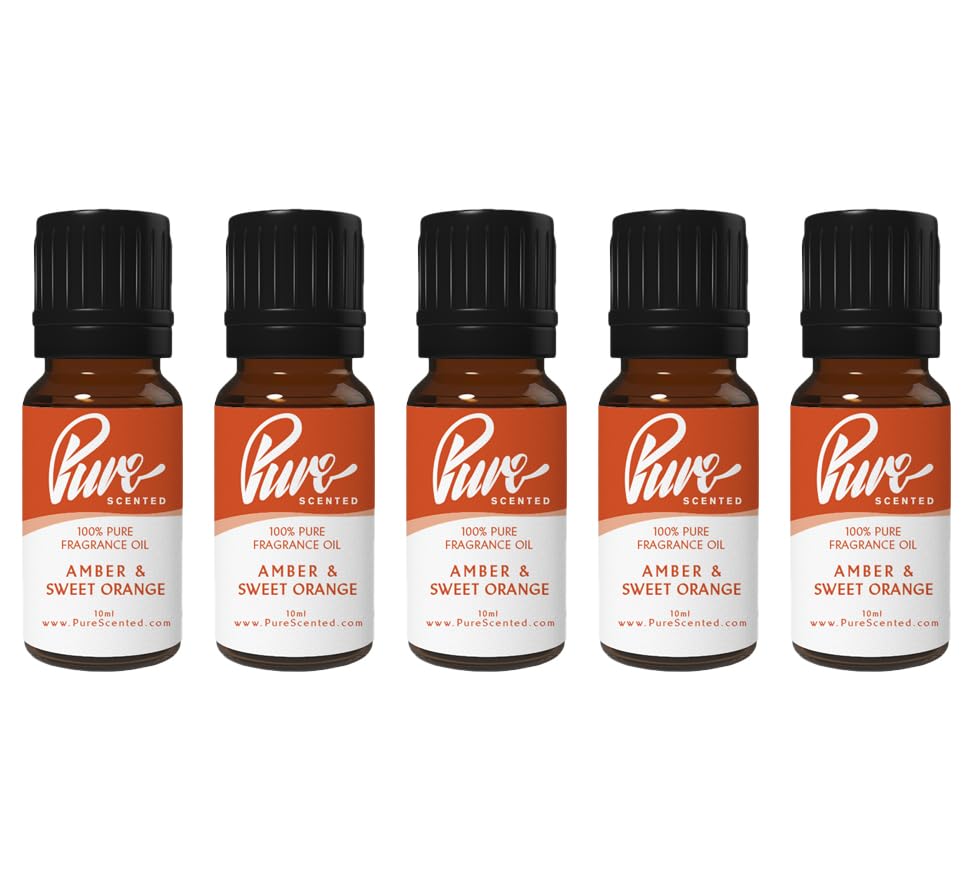 Pure Scented 50ml Fragrance Oils - 5 x 10ml Suitable for Candles, Soaps, Slime, Diffusers, Cosmetics, Wax Melts, Designer (5 x 10ml, Amber & Orange)