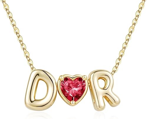 M MOOHAM Two Initial Necklaces Gifts for Women - Red July Heart Ruby Birthstone 