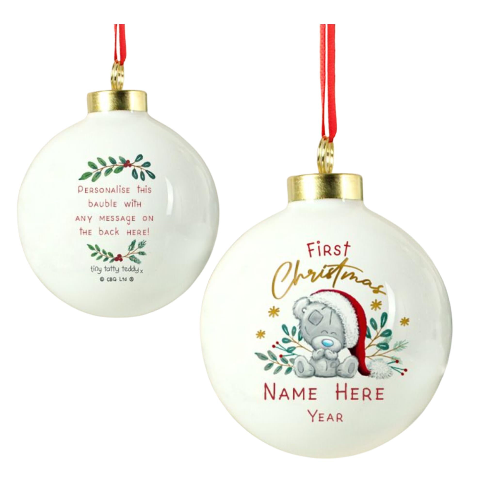 Caleli Gifts White Personalised First Christmas Bauble. Tiny Tatty Teddy 1St Christmas.