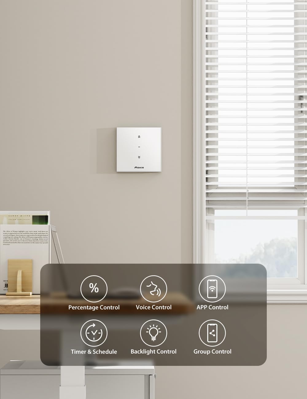 Interrupteur Volet Roulant Connecté, 80 * 80mm Maxcio Volet Roulant WiFi Compatible avec Alexa Google Home pour Commande Vocale, Curtain Switch Pourcentage Contrôle à Distance/Timer