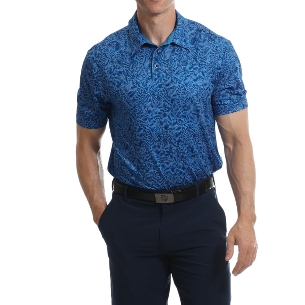 Under Par Men's Golf Polo Breathable Moisture Wicking Quick Dry Stretch Short Sleeve All Over Fern Print Golf Polo Shirt, 2386 - Turquoise, XXL