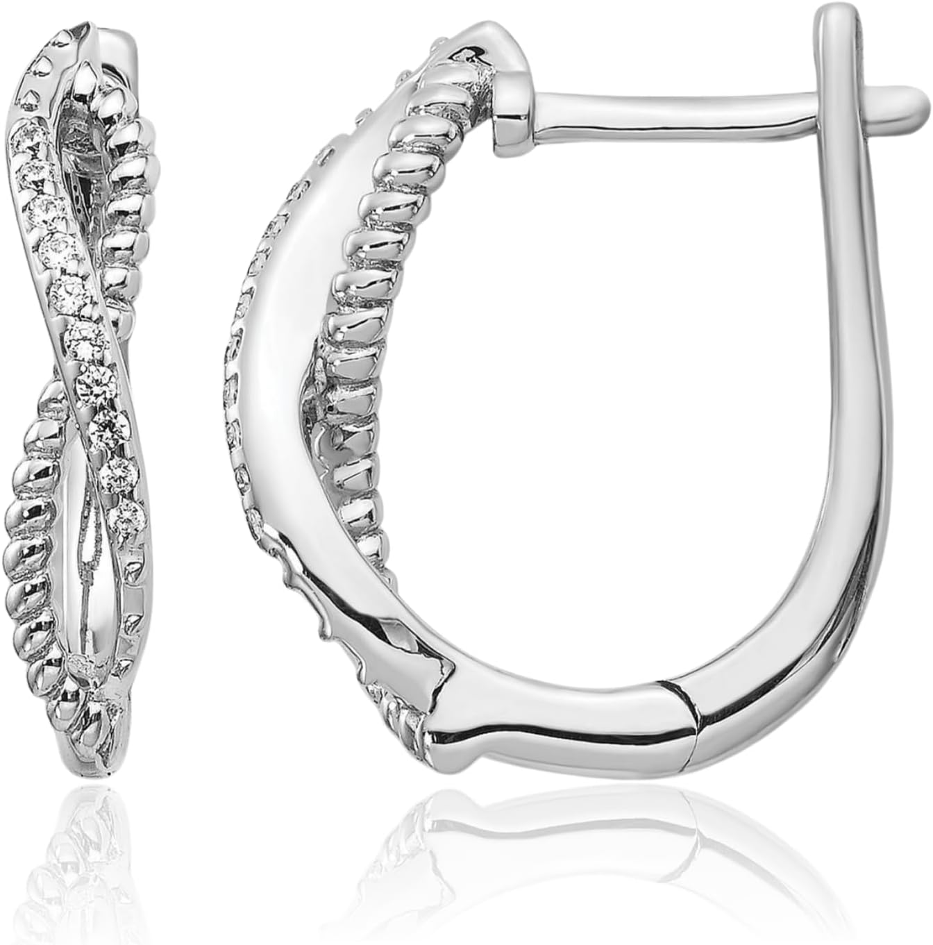 IceCarats 14K Solid White Gold 0.07 carat Diamond Medium Twisted Rope Huggie Hoop Earrings 17mm 5/8 inch Round Cut, Natural, Prong Set, Snap Back For Her