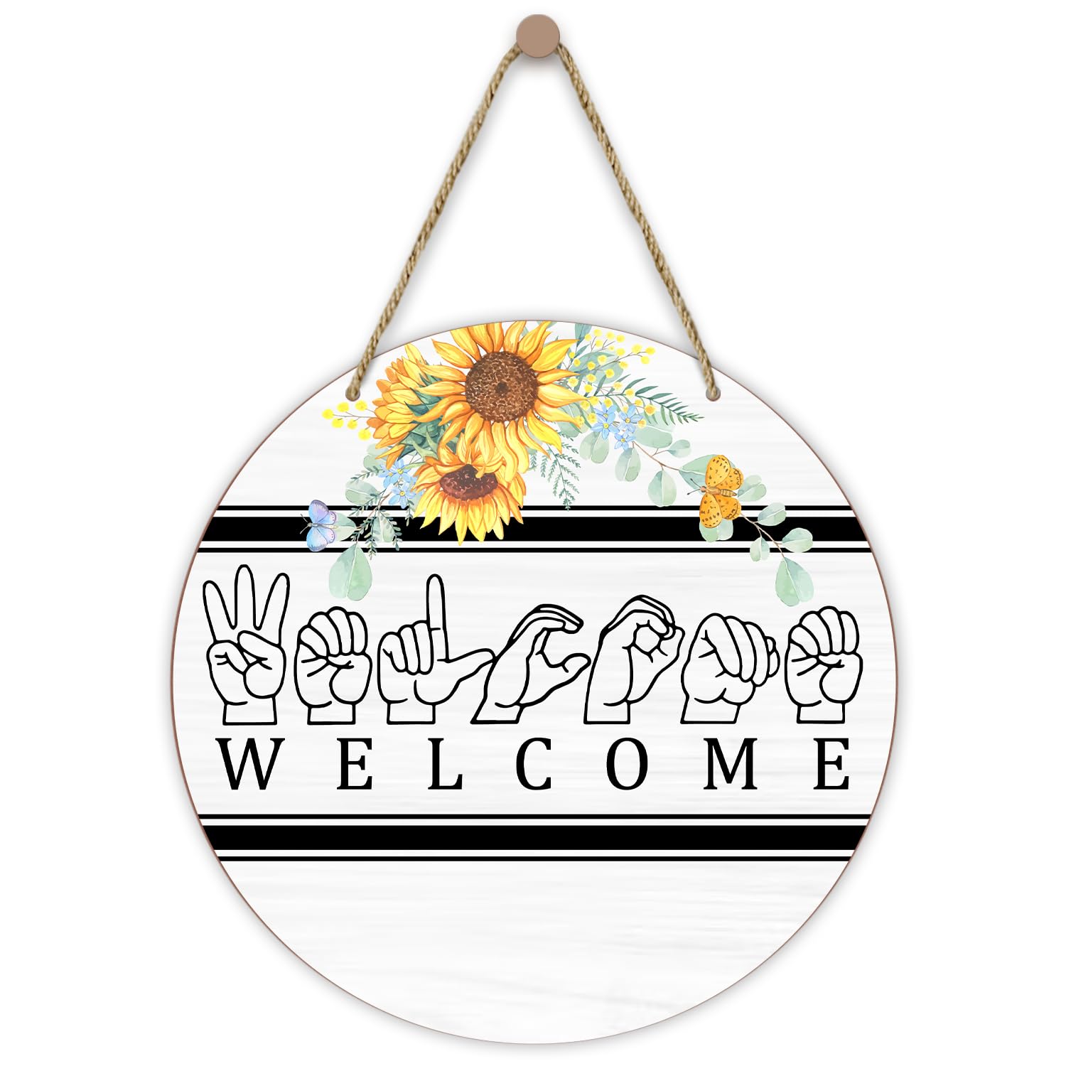 Wood Wall Hanging Sign Plaque Gift Welcome Wooden Round Sign with Twine Floral Sign Language Decor Door Home