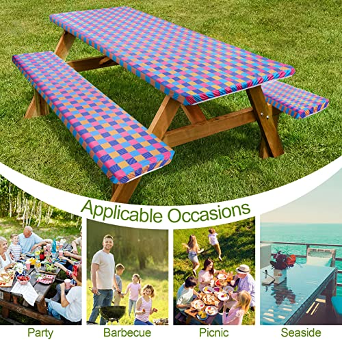 Picnic Table Cover With Bench Covers 3 Pcs Waterproof Windproof Camping Tablecloth With Drawstring Bag, Fitted Rectangle Tables And Seats, 72In, Yellow Pink Blue #TOP5