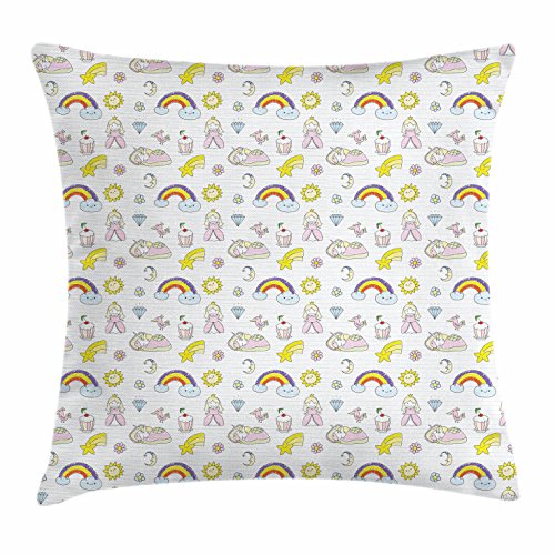 Lunarable Sun and Moon Throw Pillow Cushion Cover, Sketchbook Style Background with Sleeping Unicorn Flowers Cartoon and Rainbow, Decorative Square Accent Pillow Case, 16