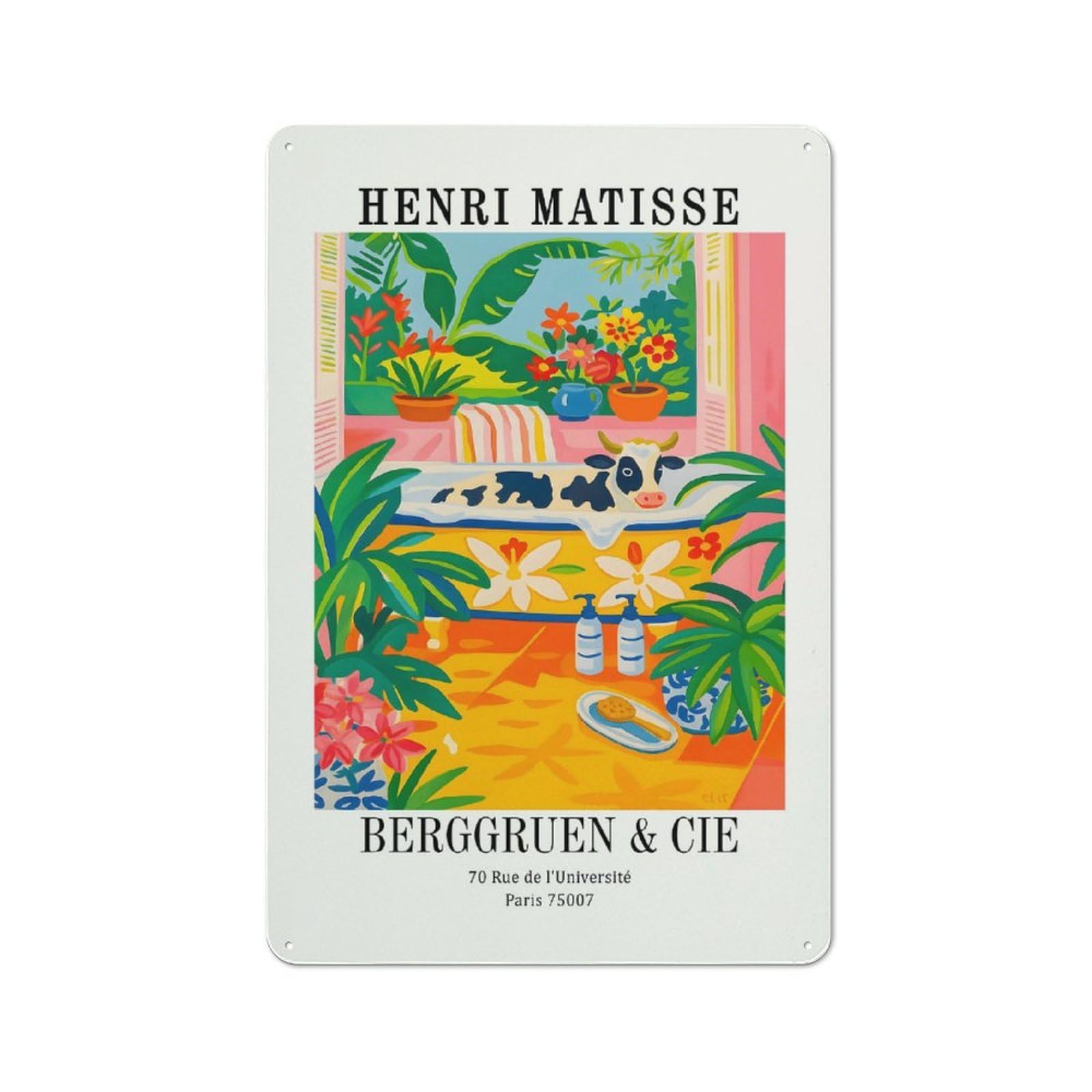 Junmoney Style-14 Henri Matisse Cow In Bathtub Art Print Rustic Tin Sign 30X20cm For Lounge Or Reading Corner, For Metal Sign Collectors, For Cafés, Pubs And Restaurants