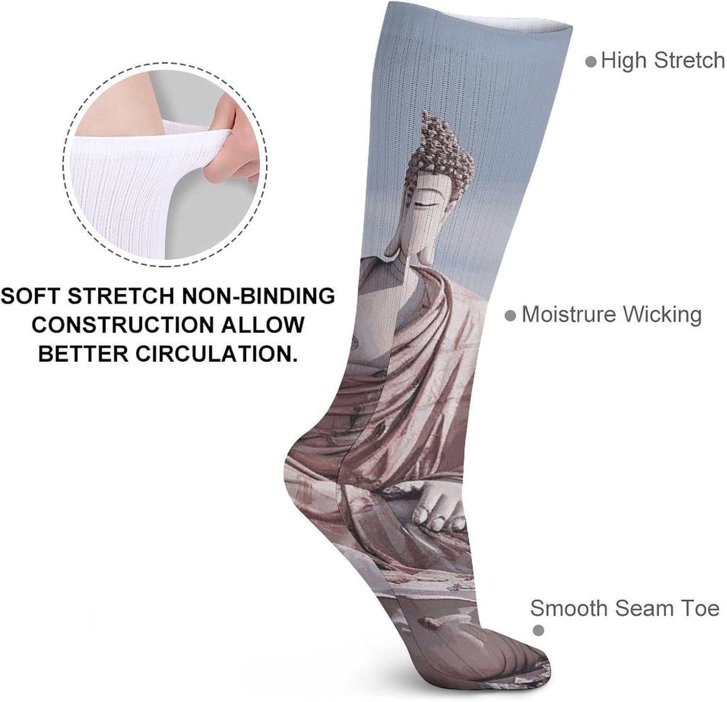 Breathable Crew Sock, Moisture Wicking, Athletic Calf Socks, Cozy | White Buddha Statue Compression Socks for Women Men, Lightweight High Work Socks for Business, Casual
