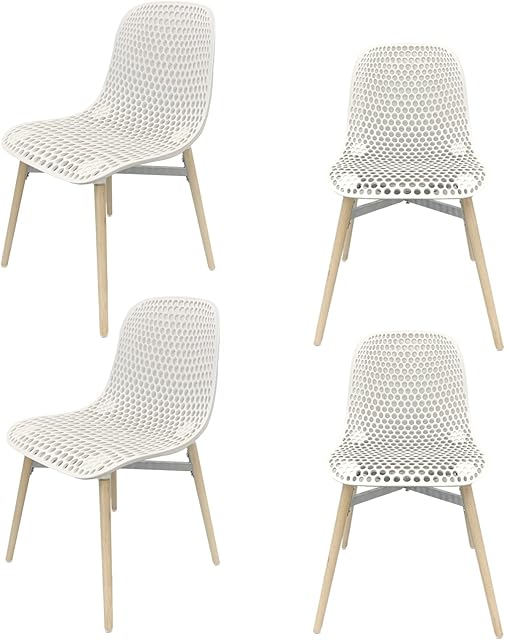 Achiemart Dining Chairs Set of 4 Wooden Legs, Colorful Contemporary Lounge Dining Home Office Plastic Seat Armless Chairs, Max Weight up to 150kg/330lbs (White), 50 x 49 x 80cm (C-09)