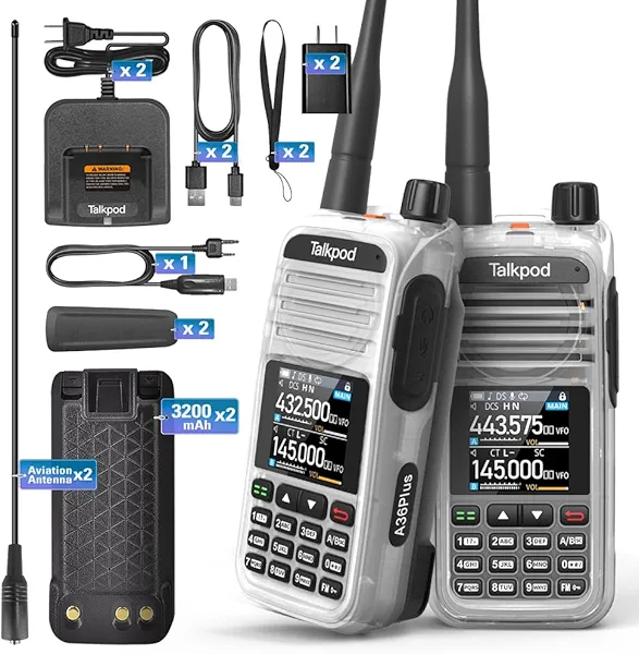Talkpod A36Plus Max Ham Radio Handheld, Airband Receiving and Scanning, Dual Band Long Range Two Way Radios with 3200mAh Rechargeable Battery, 1.44 inch Color Screen-2Pack (Crystal)