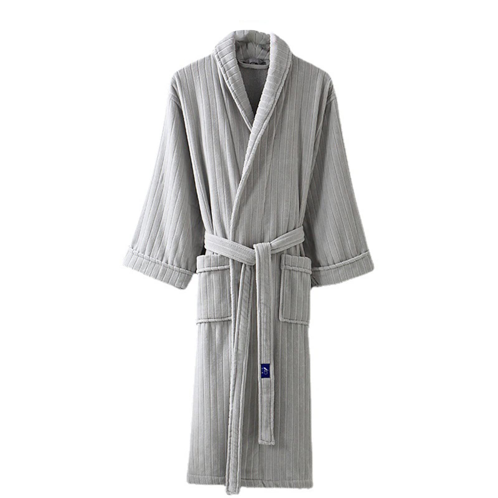 TIANQIHAO Men'S Cotton Bathrobe Unisex Adult Robe, Nightgown Sleepwear With Pockets Belt,Light Gray-Medium
